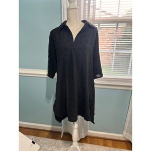 Blooming Jelly Black Clip Dot Tunic Shirt-Dress V-Neck Roll Tab Sleeve Medium